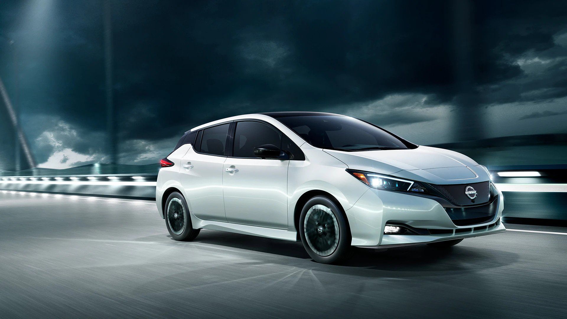 An action shot of the 2024 Nissan Leaf. 