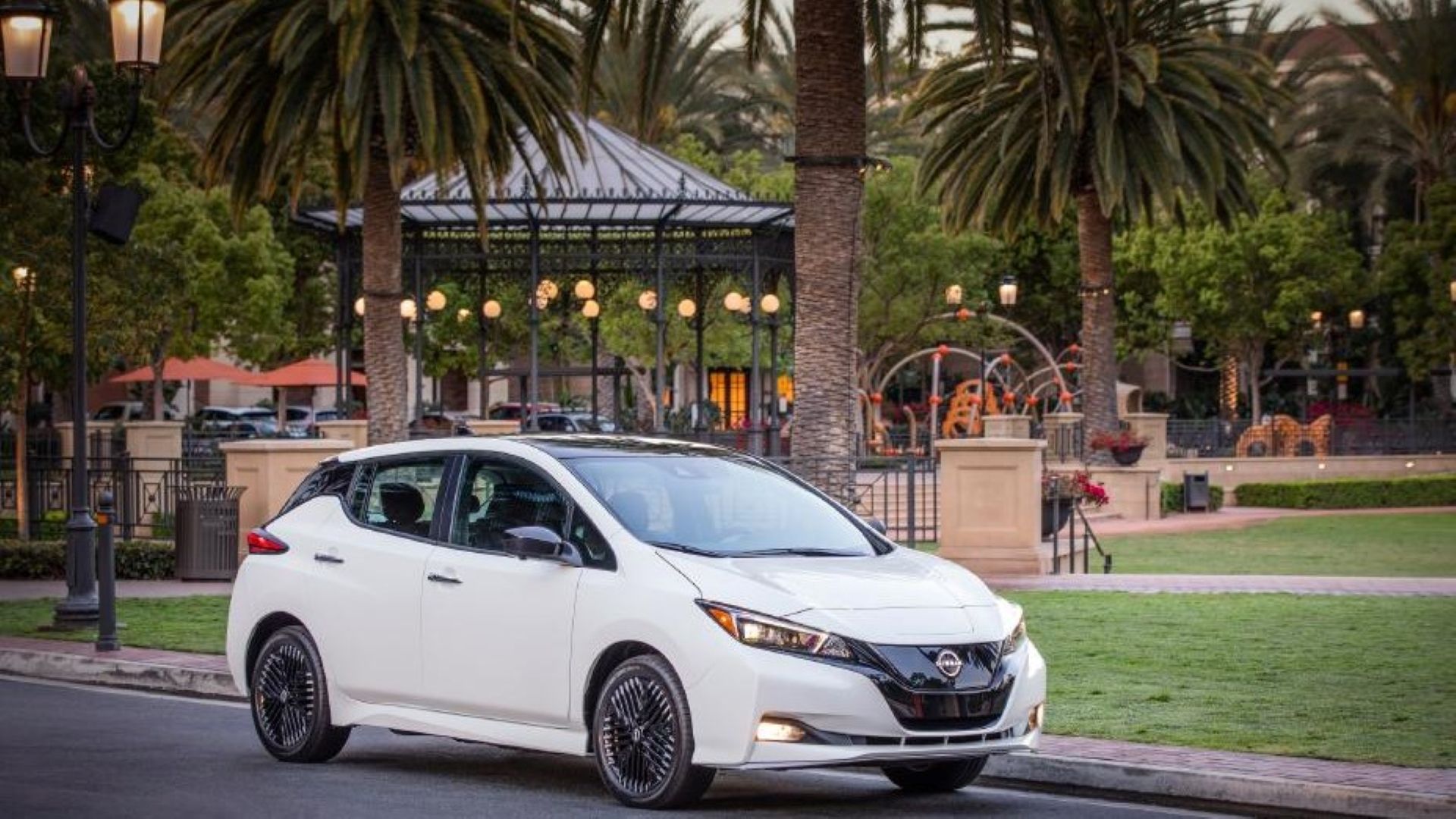 White 2023 Nissan Leaf parked on a street