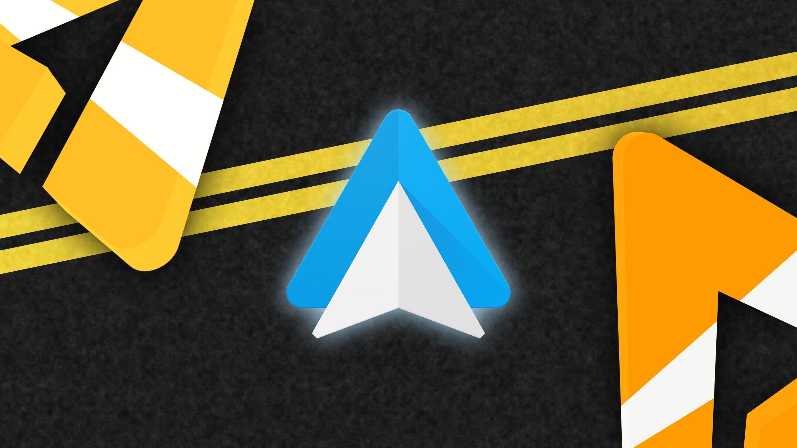 Android Auto logo with white, yellow, orange striped AP logo