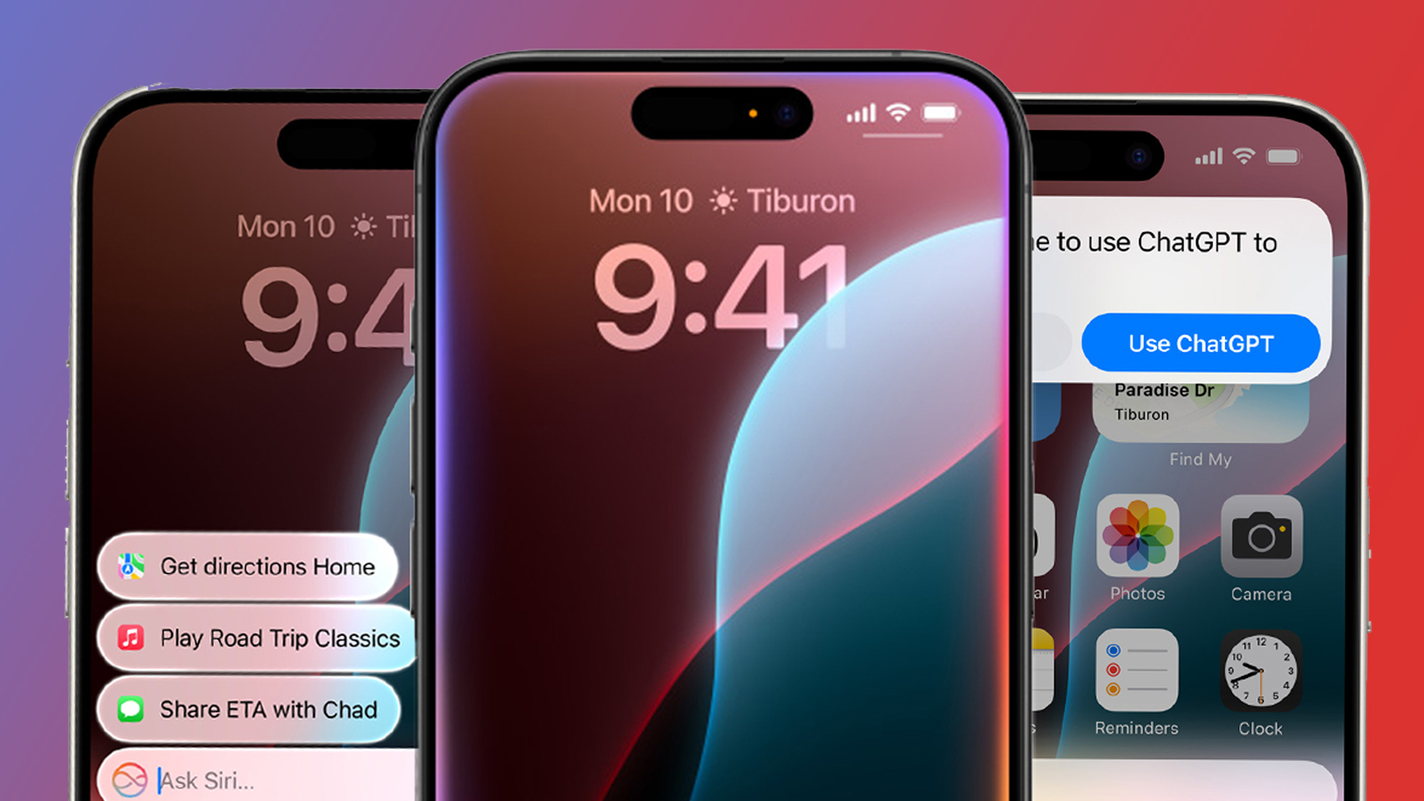 Three iPhones on a blue and red background running Apple Intelligence