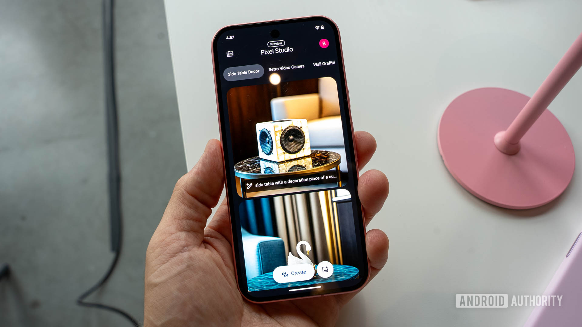 Google Pixel 9 in Peony showing Pixel Studio app