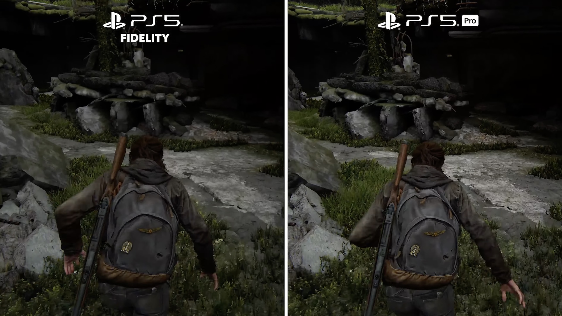 A side by side comparison of The Last of Us Part 2 running on PS5 and PS5 Pro