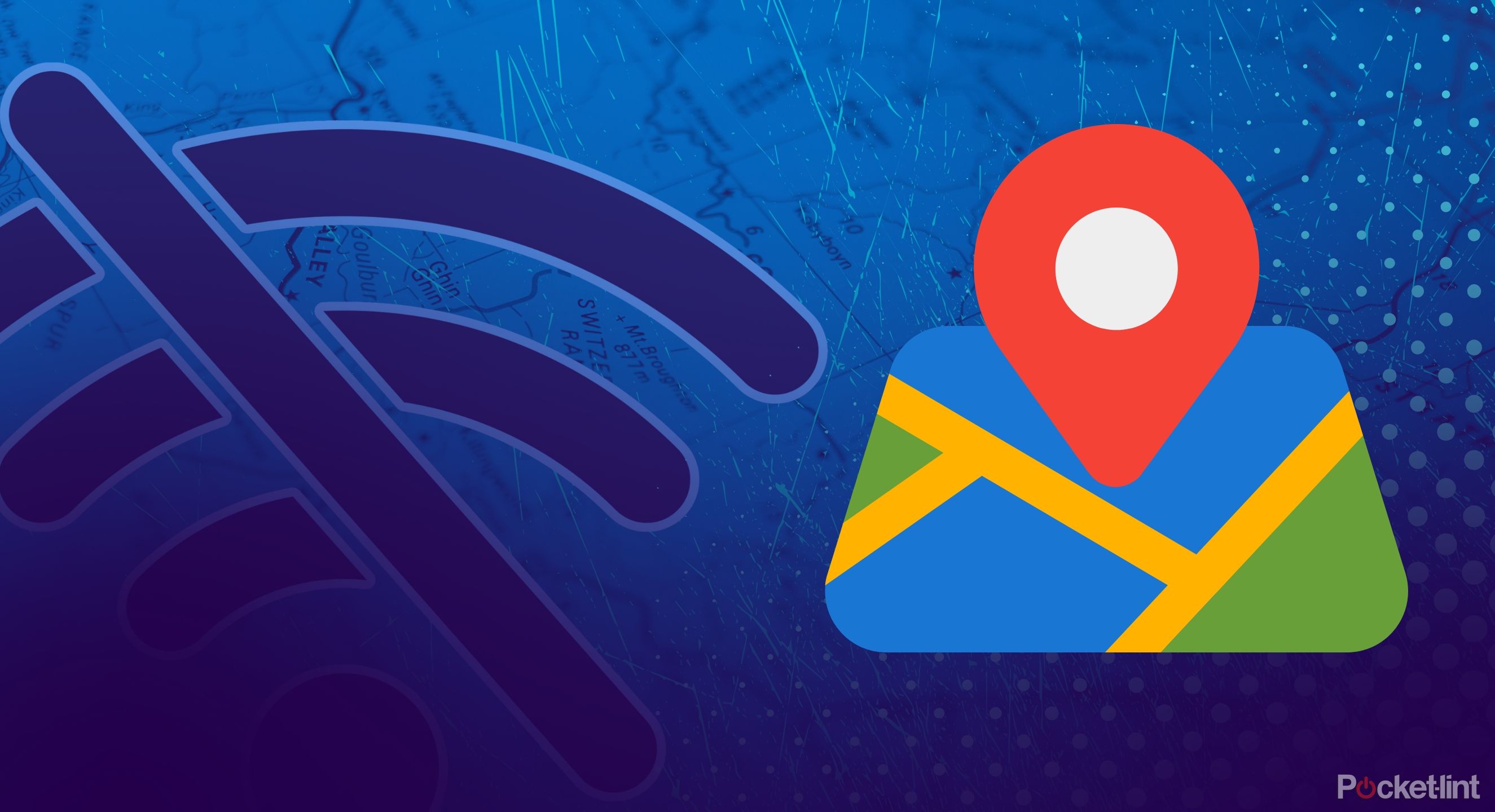 A lack of Wi-Fi signal next to a map icon. 