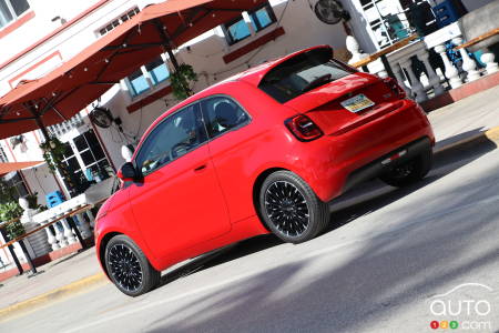 The Fiat 500e, three-quarters rear