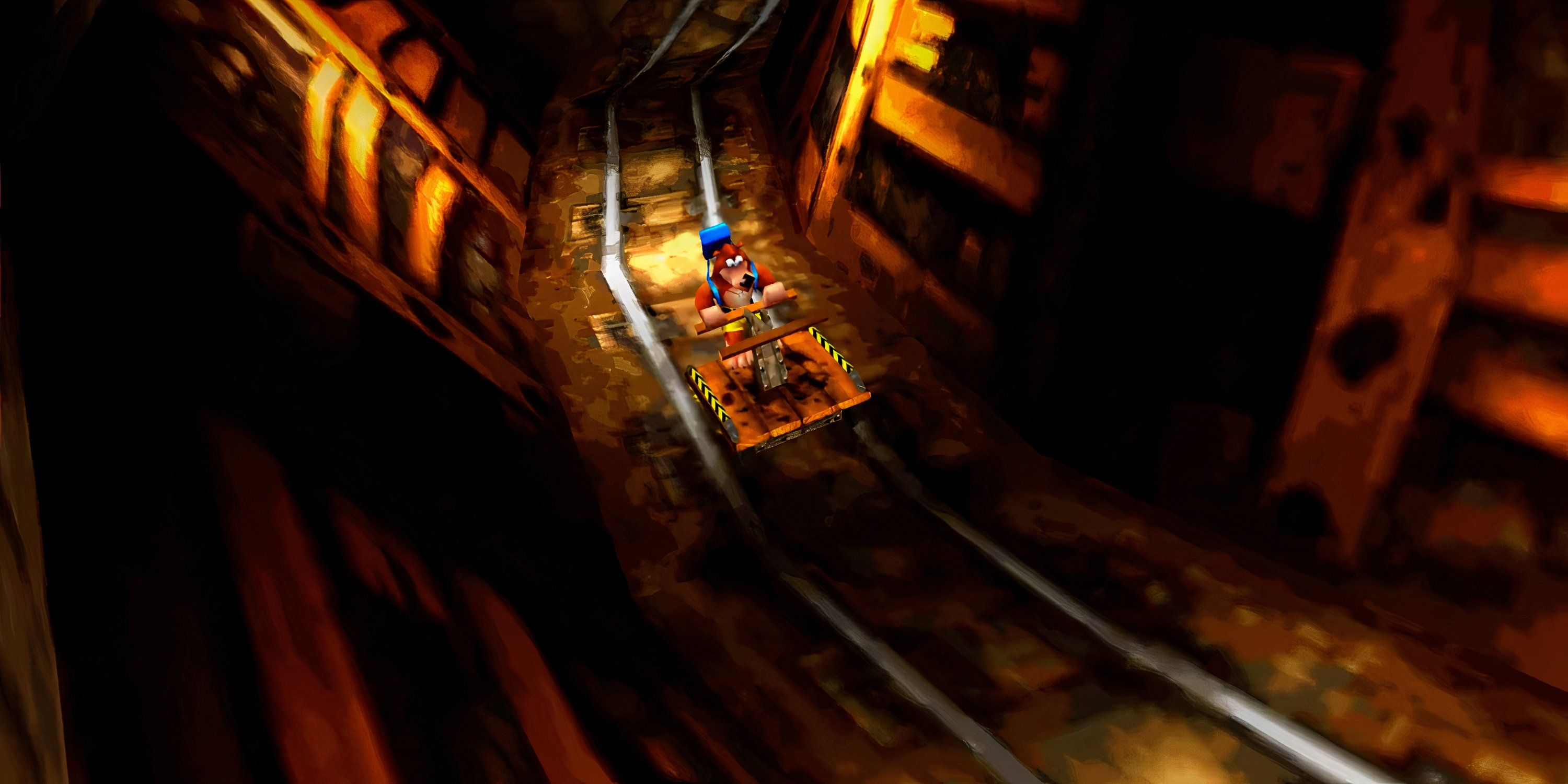 Banjo rides a minecart in Banjo-Tooie.