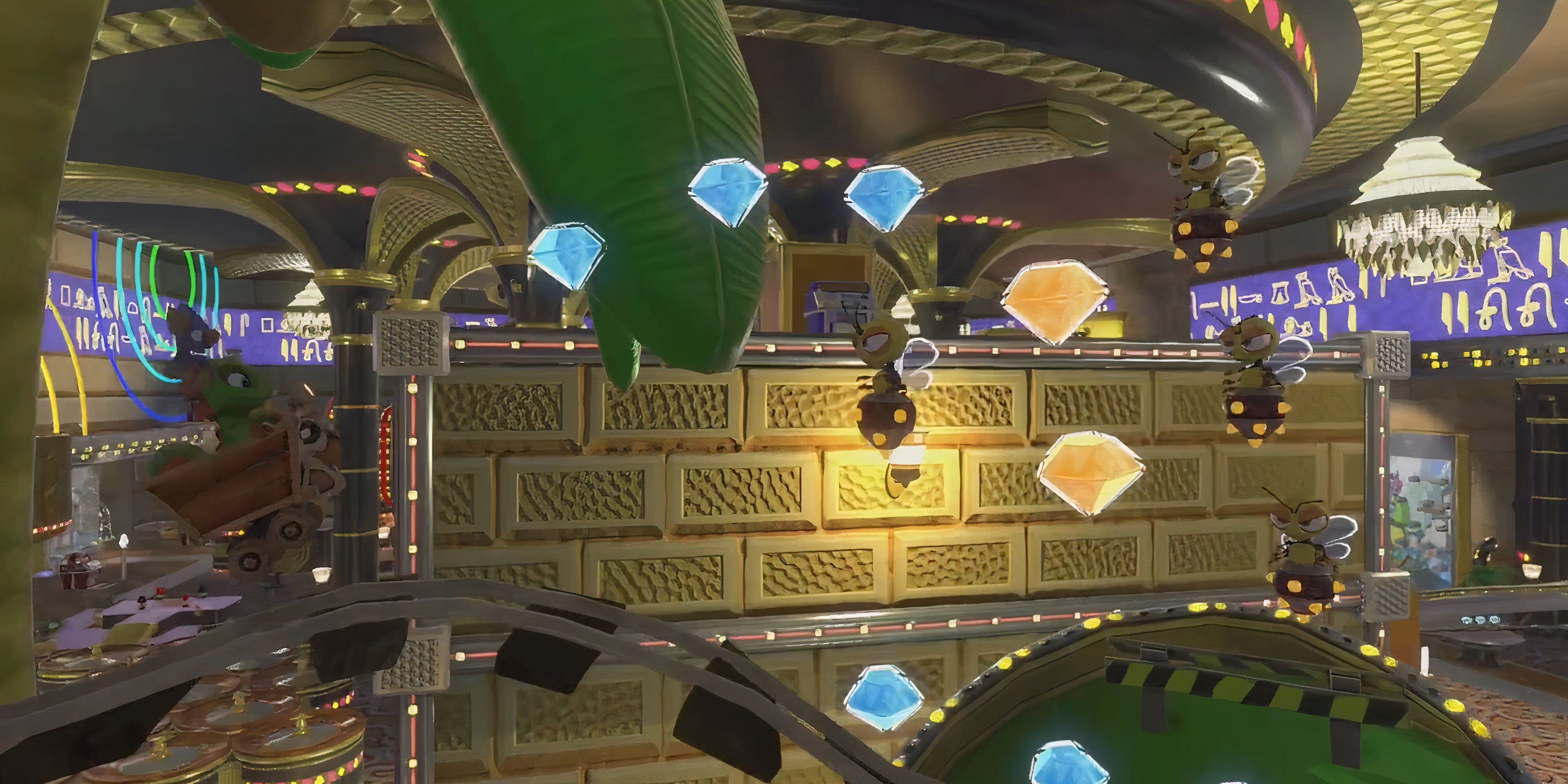 Yooka and Laylee ride a minecart through a casino in Yooka-Laylee.