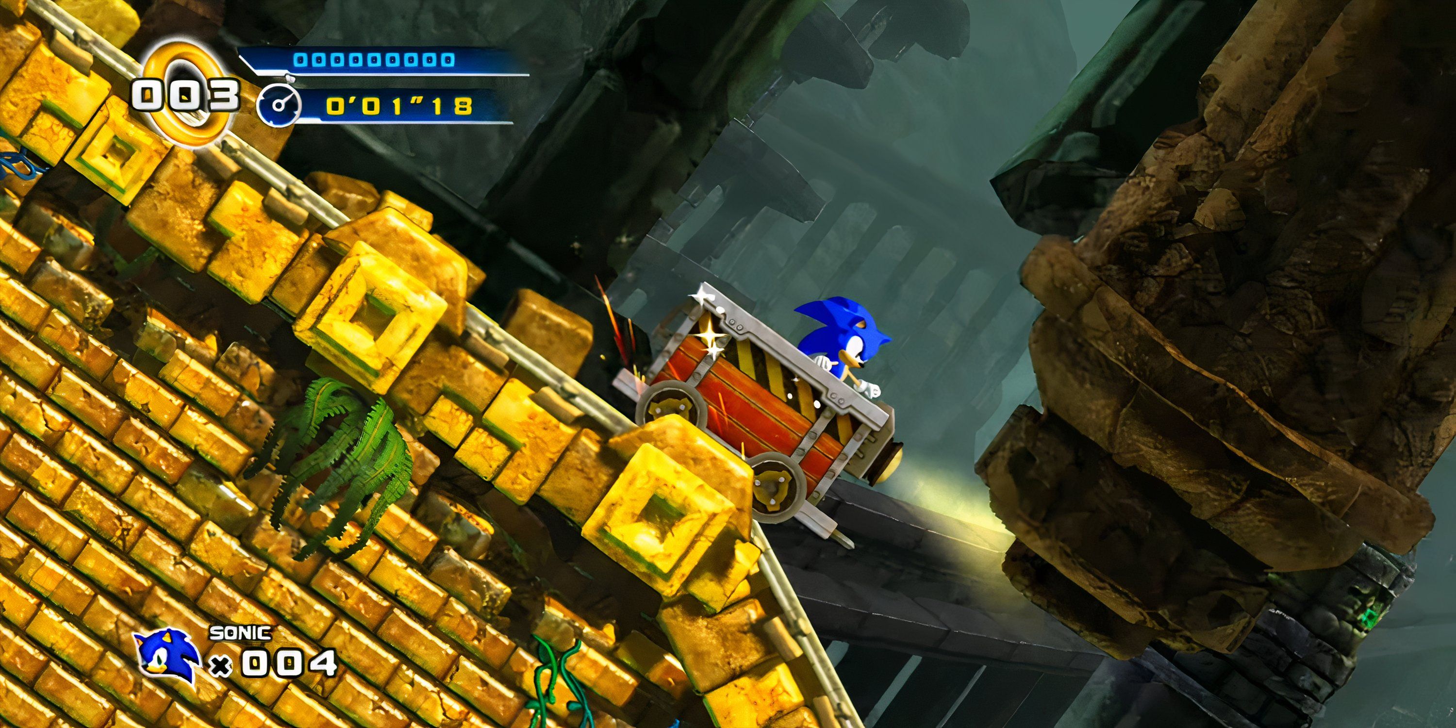 Sonic rides a minecart in Sonic the Hedgehog 4 Episode 1.