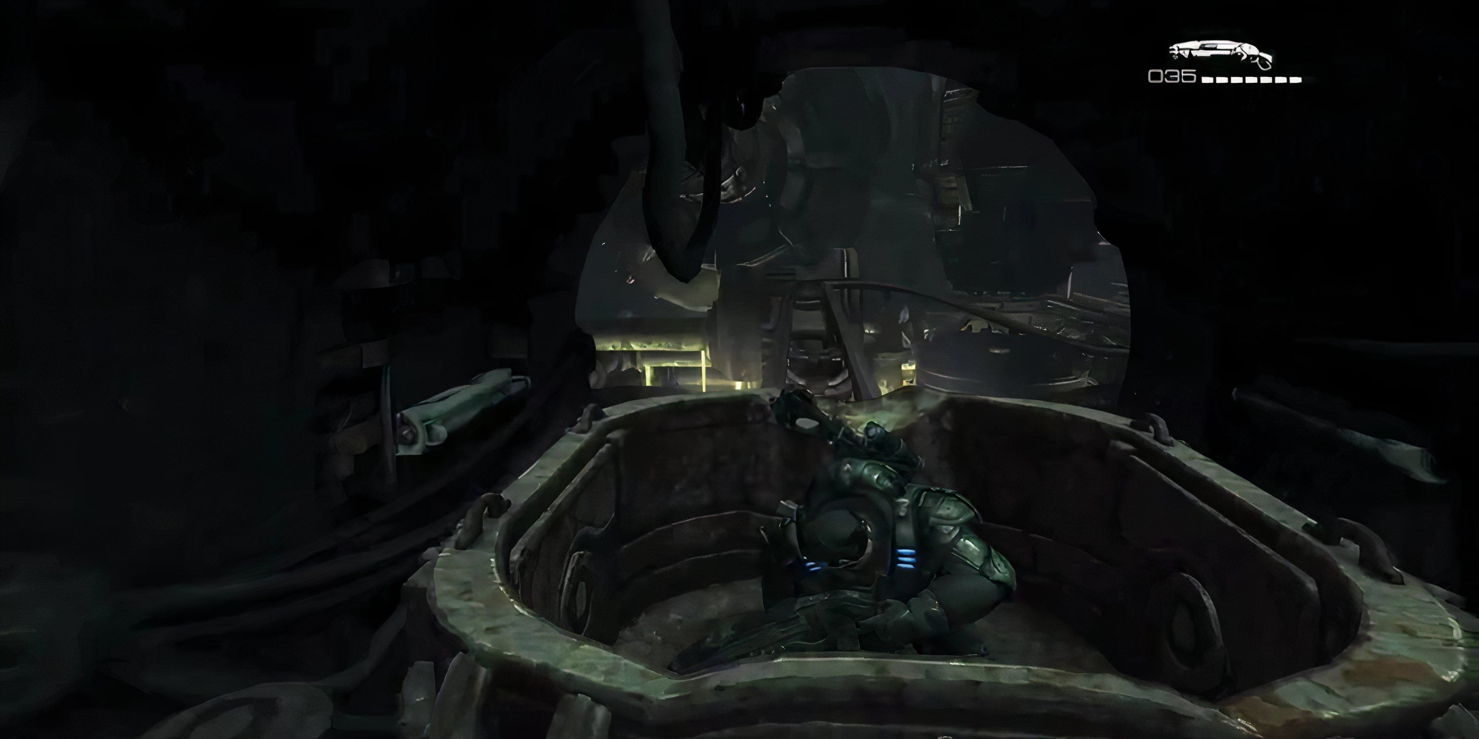 Marcus crouches in a minecart in Gears of War.