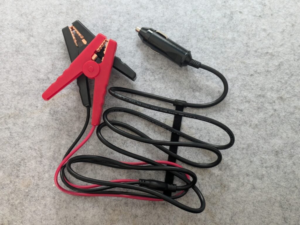 Photo of supplied car adaptor to positive and negative crocodile clip lead