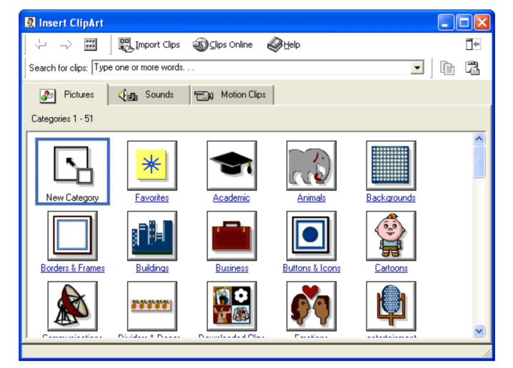 A clipart menu in Microsoft Word.