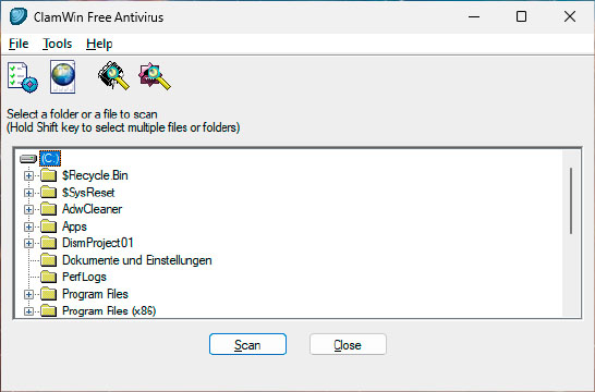 Clam Win: Der kostenlose Virenscanner ist einfach zu bedienen und untersucht das ausgewählte Laufwerk oder nur bestimmte Ordner oder Dateien.