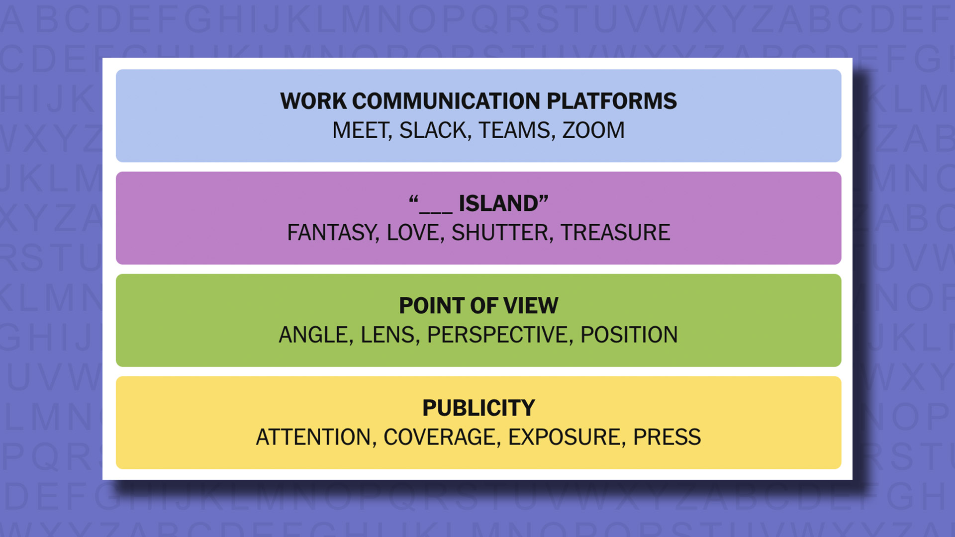 NYT Connections answers for game 530 on a purple background