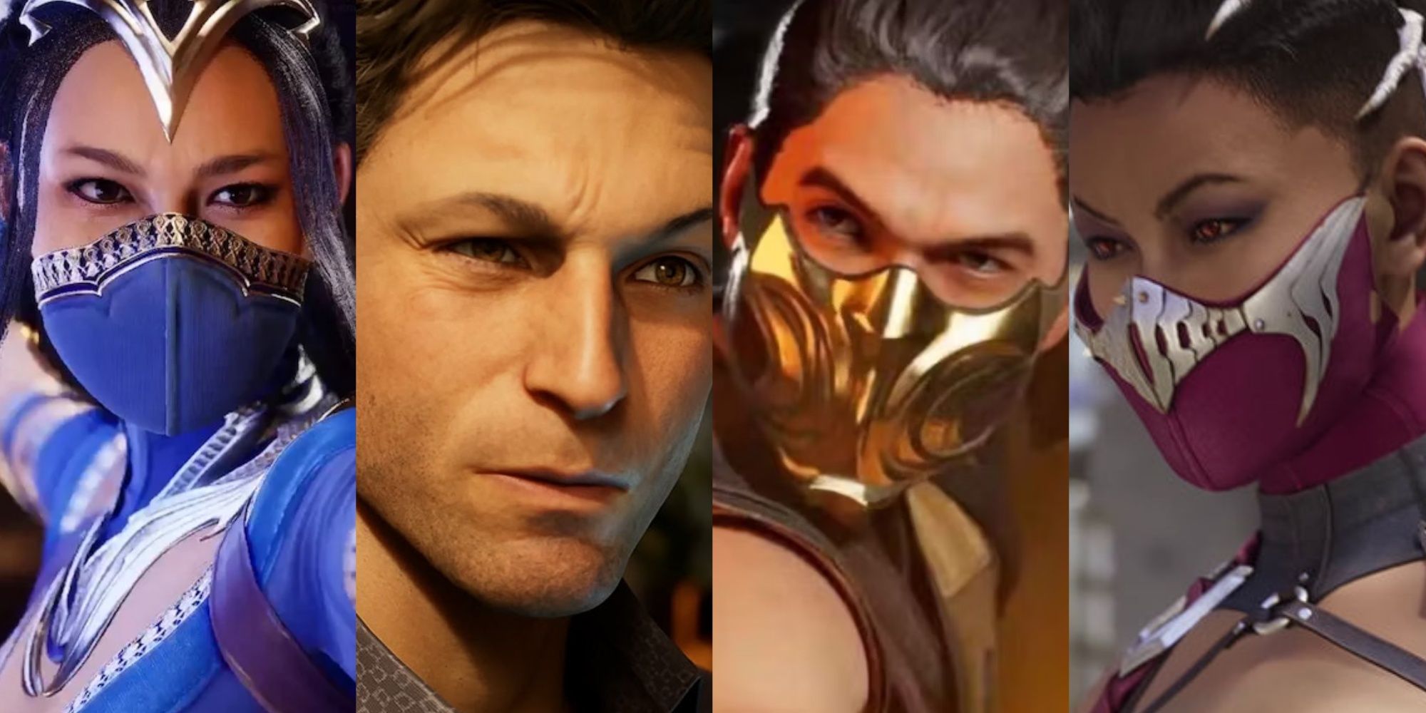 A collage of images showcasing Kitana, Johnny Cage, Scorpion, and Mileena in Mortal Kombat 1