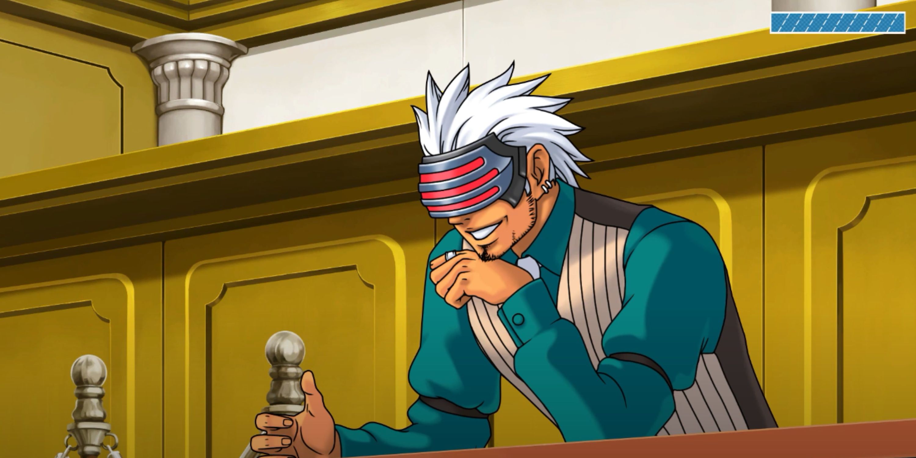 Godot appearing smug in Phoenix Wright: Ace Attorney - Trials and Tribulations.