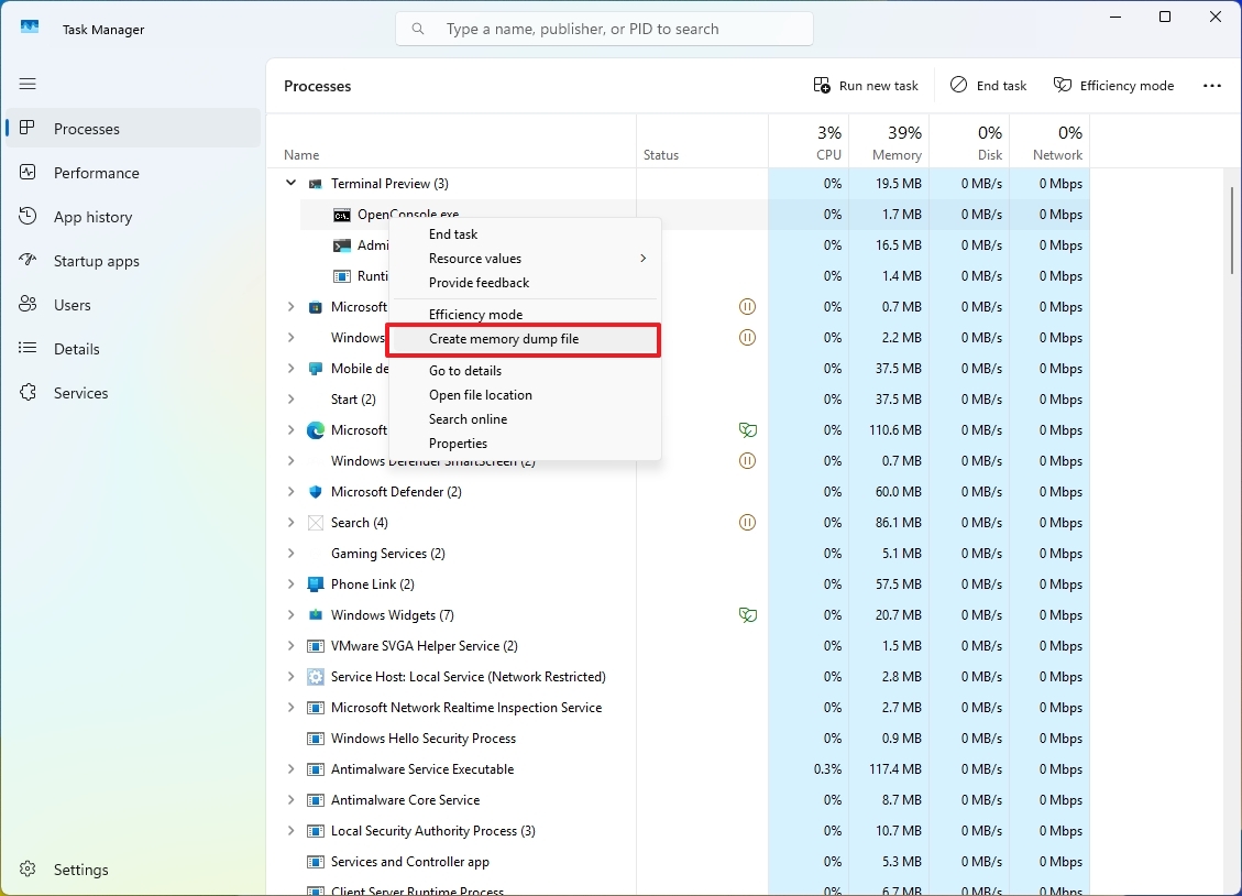 Task Manager create memory dump