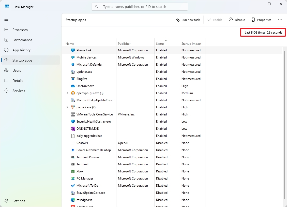 Task Manager last BIOS time in seconds