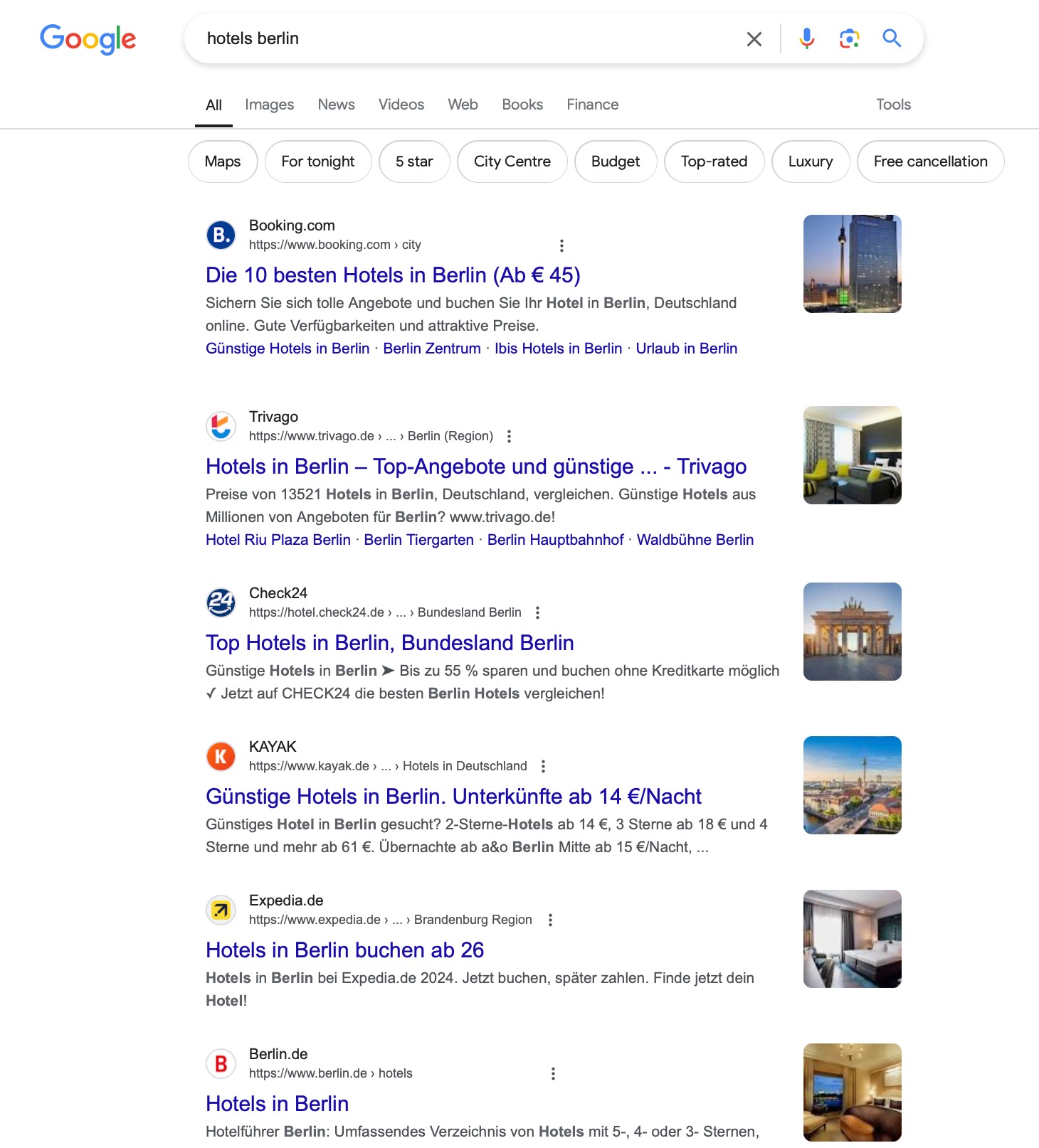 Google Search results for hotels After the change