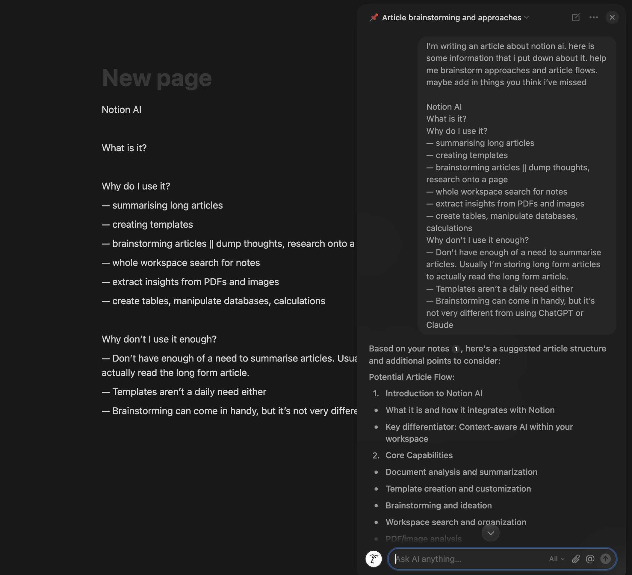 Notion AI writing brainstorming