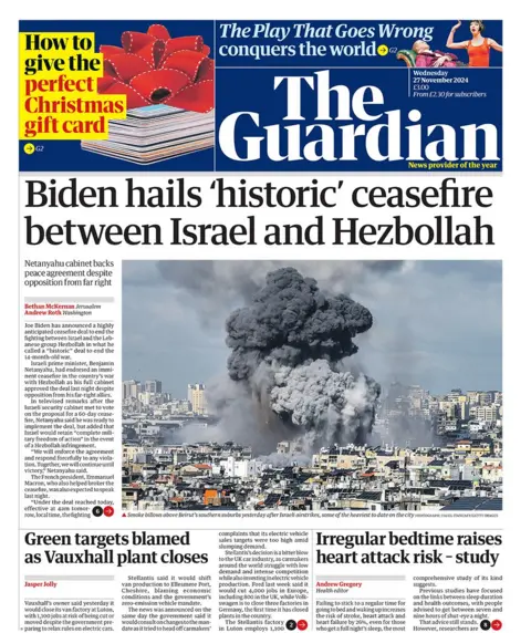 The headline in the Guardian reads: "Biden hails 'historic' ceasefire between Israel and Hezbollah."