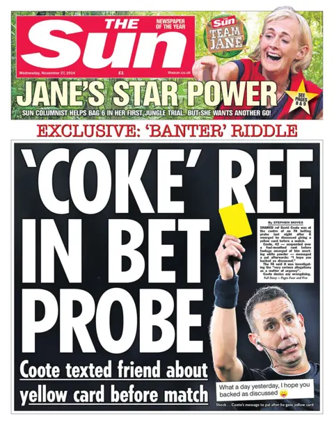 The headline in the Sun reads: "'Coke' ref in bet probe"