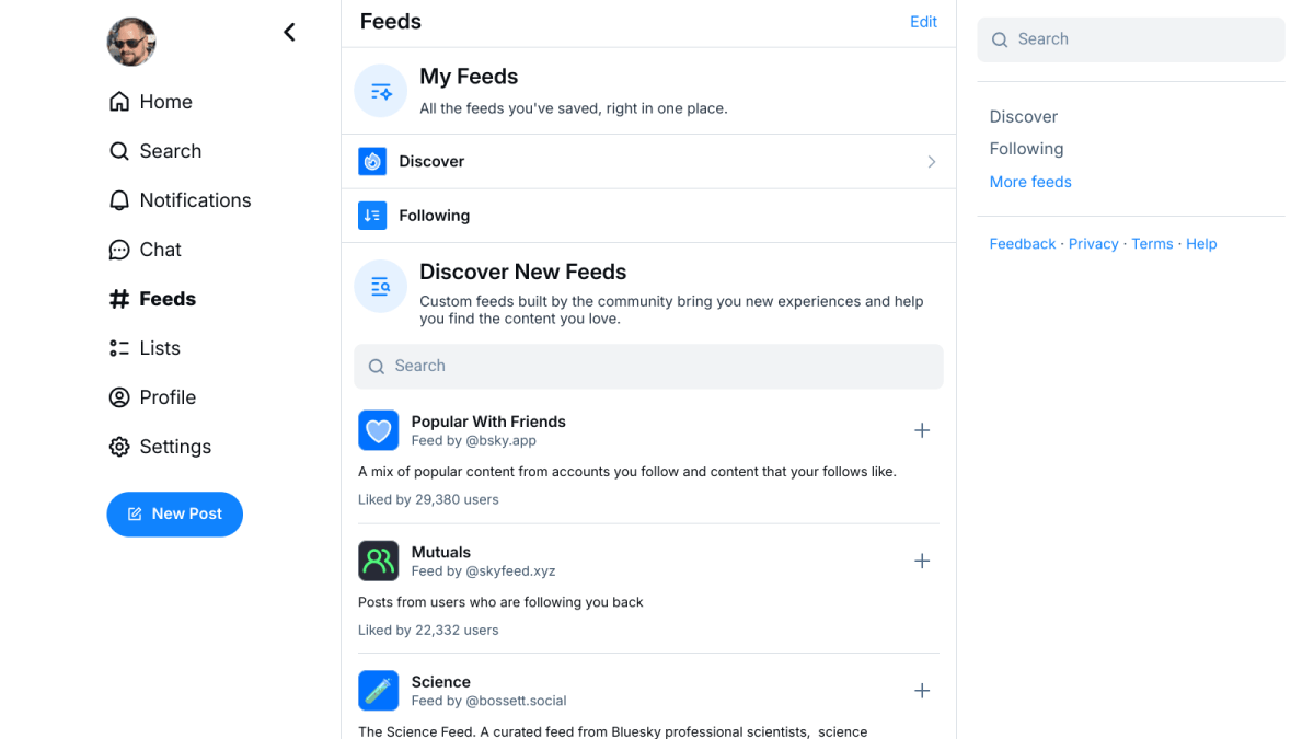 Bluesky social media Feed Options screenshot