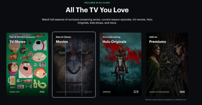 Hulu webpage showing a variety of TV shows and movies