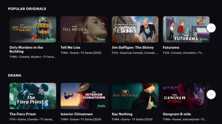 Webpage showing Hulu original shows and drama series selections