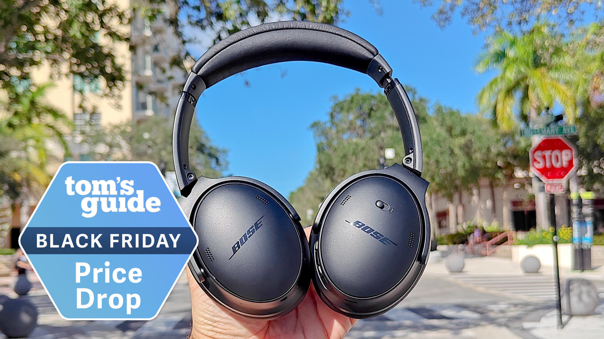 Bose QuietComfort Headphones outside with TG deals badge