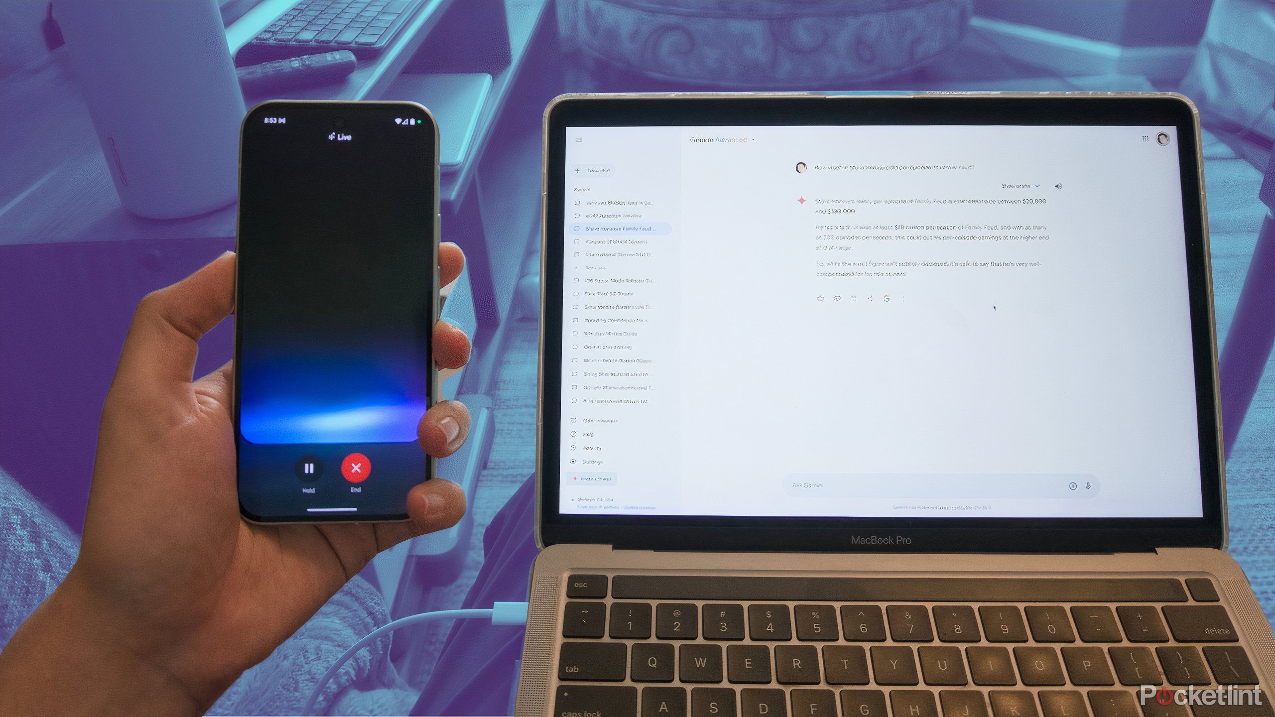 A hand holding a Pixel 9 showing Gemini Live next to a laptop showing Gemini.