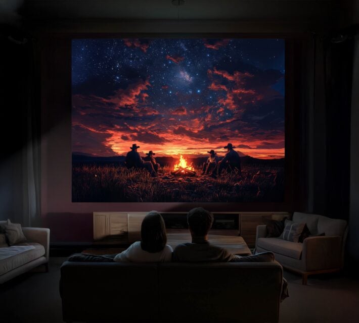 Man and woman watching projected movie with cowboys around campfire scene