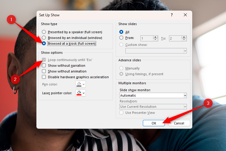 The Set Up Show dialog box in PowerPoint, with the settings adjusted to activate a rolling slideshow.