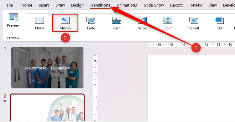 The Morph transition in the Transitions tab in PowerPoint.