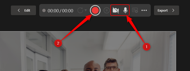 The recording Presenter View in PowerPoint, with the camera and microphone buttons highlighted, and the Record button selected.