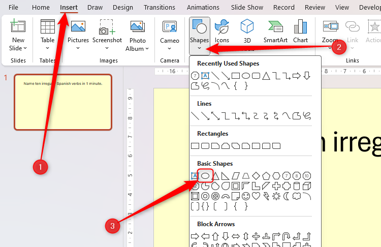 The Shapes drop-down in the Insert tab in PowerPoint, with a circle selected as the shape to be added.