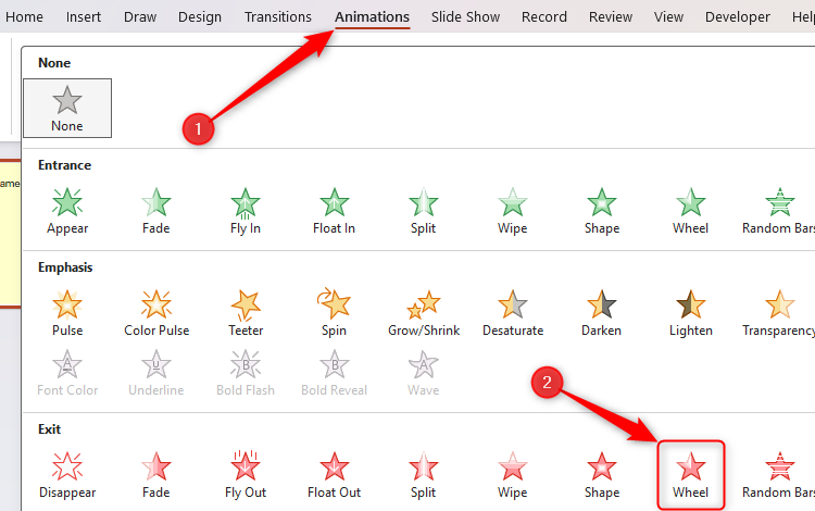 The Wheel exit animation selected in the Animations tab in PowerPoint.