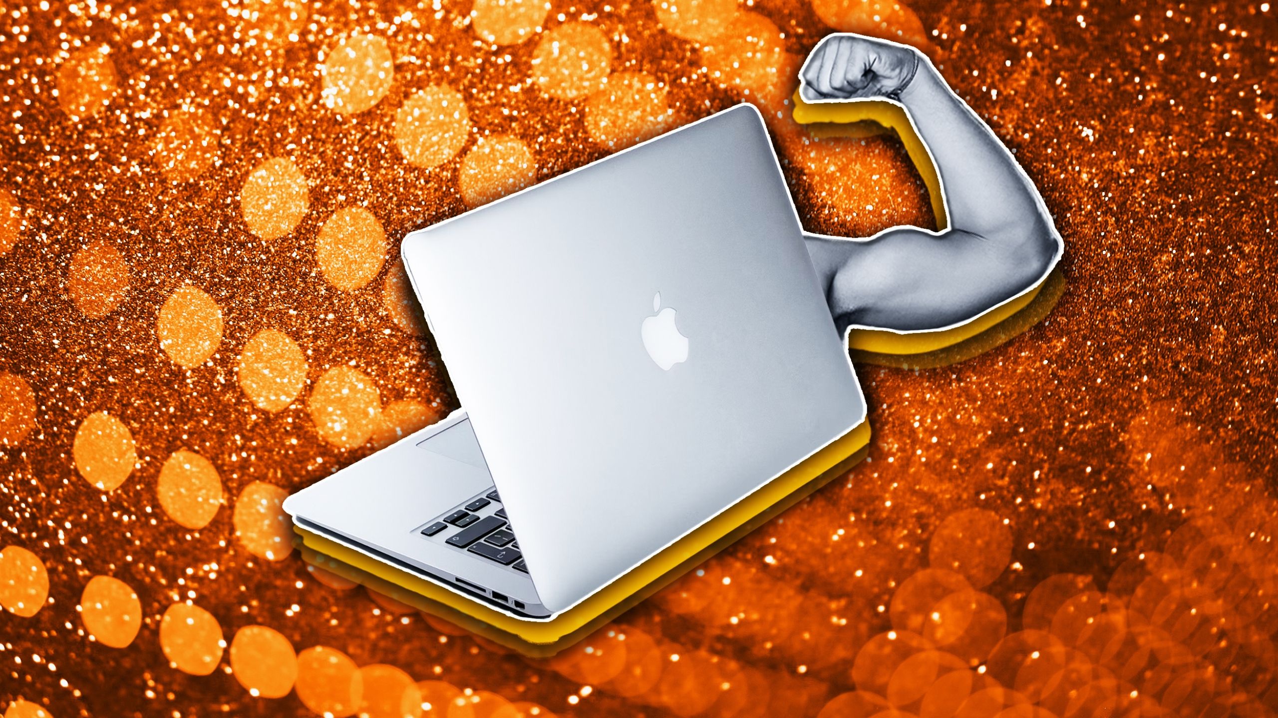 A MacBook Pro with a silver flexing arm coming out of it. 