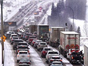 A collision on the Rainbow Valley Bridge which caused a major traffic jam on the Whitemud Drive westbound near the lunch hour in Edmonton, December 13, 2019.