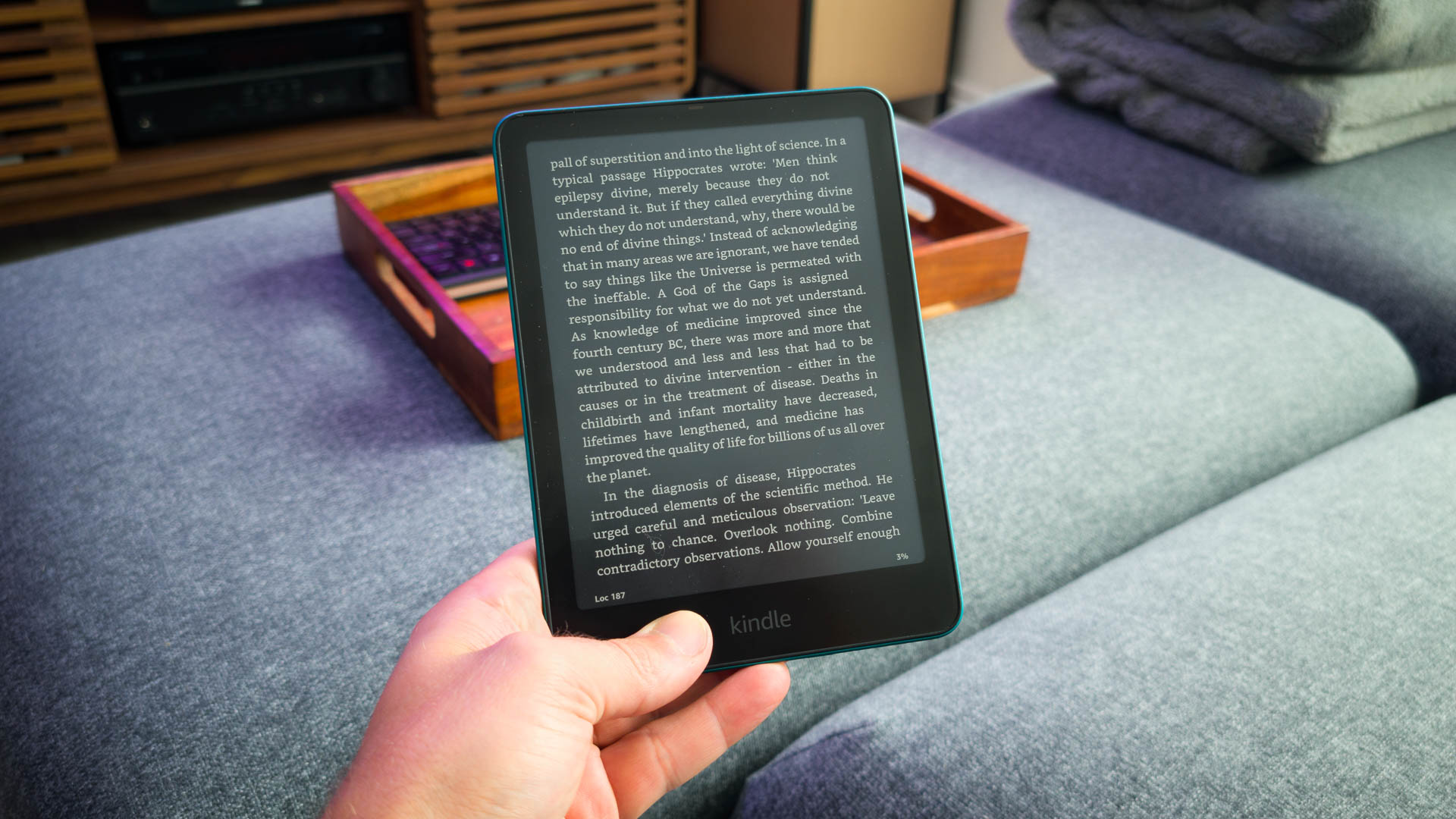 2024 Amazon Kindle Paperwhite in hand with dark mode (4 of 8)