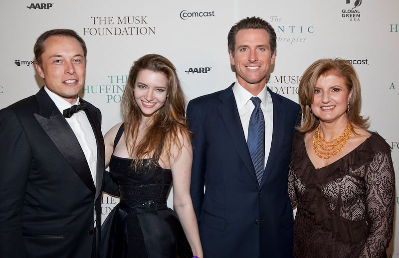 In friendlier times, Elon Musk, Talulah Riley, Gavin Newsom and Arianna Huffington attend The Huffington Post pre-inaugural ball at the Newseum on January 19, 2009 in Washington, DC.