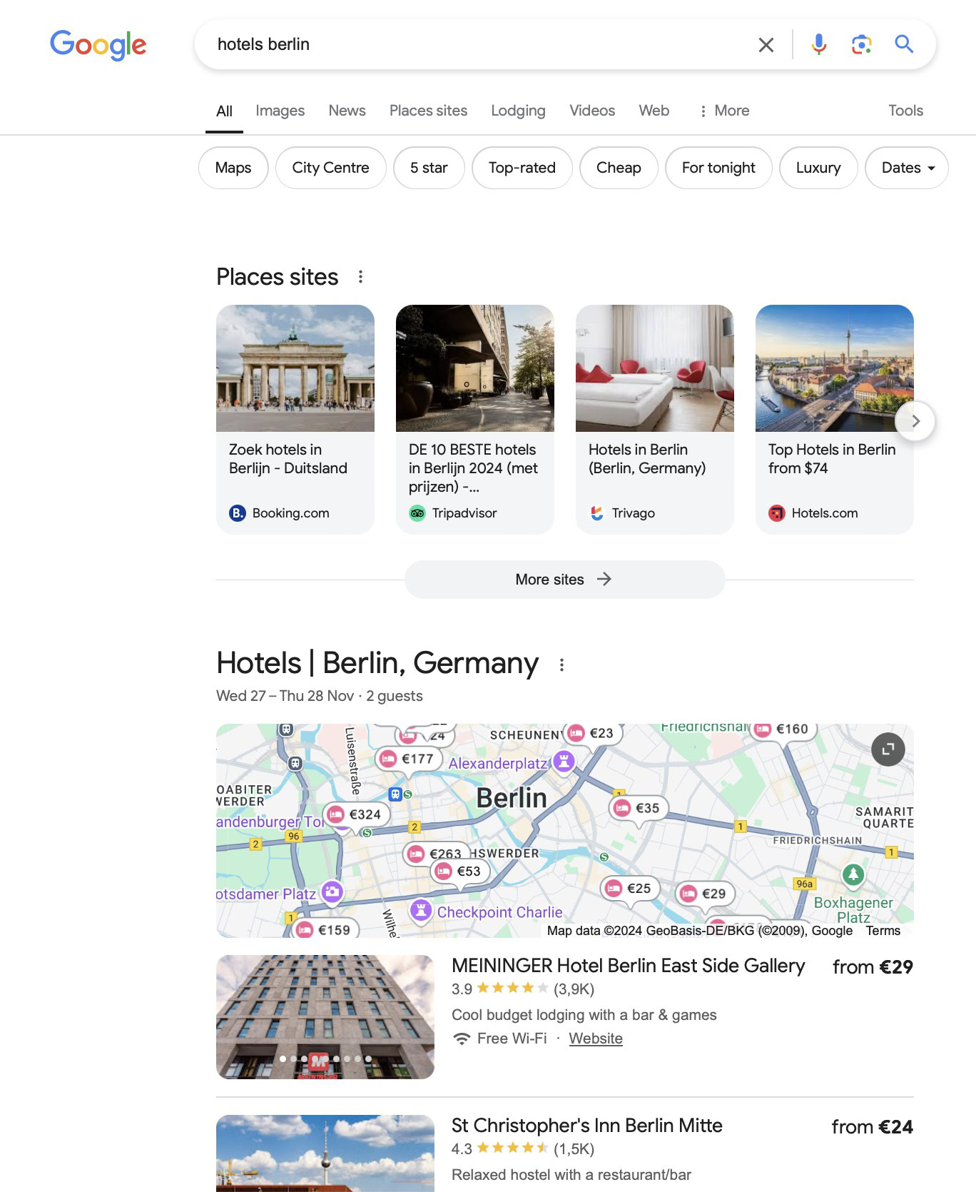 Google Search results for hotels Before the change