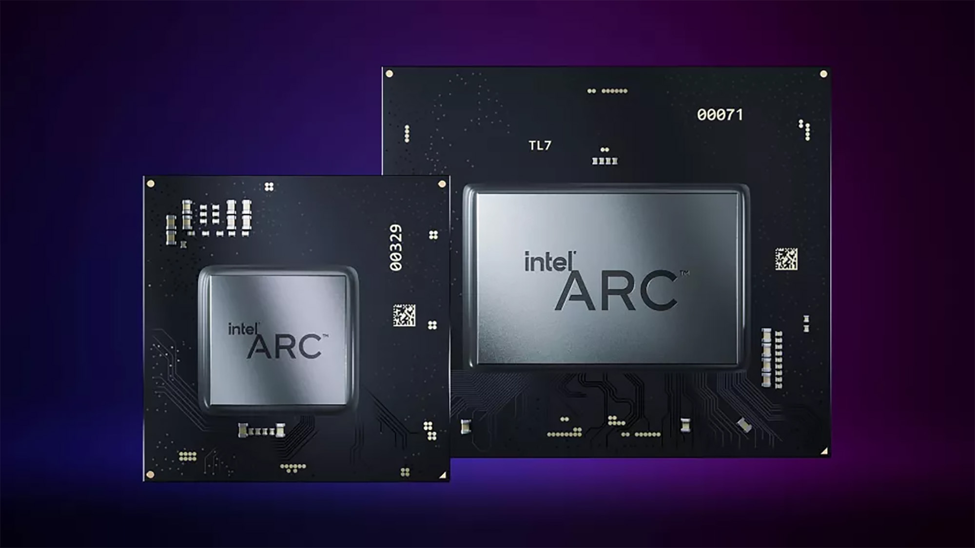 A pair of Intel Arc Alchemist chips in front of a dark purple background