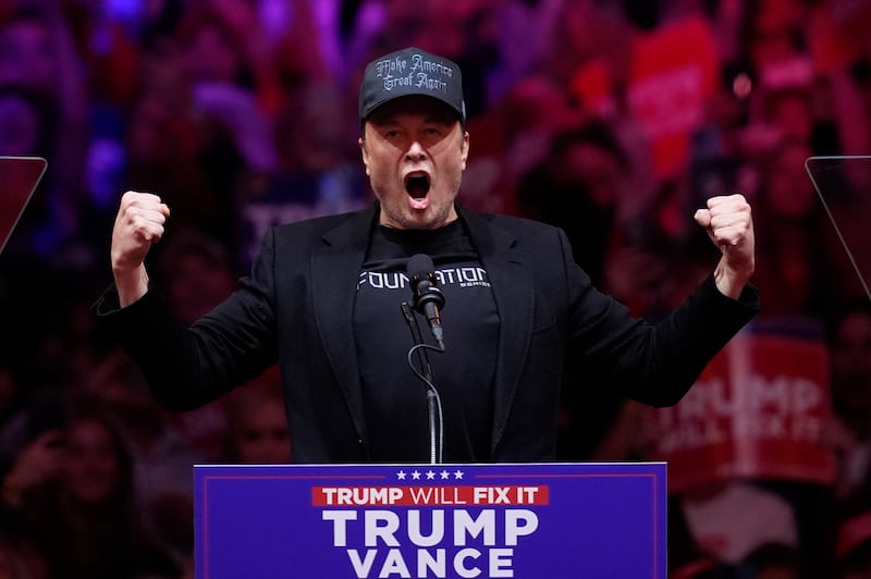 Elon Musk before Republican presidential nominee former President Donald Trump at a campaign rally at Madison Square Garden in New York. Photograph: Evan Vucci/AP