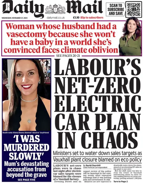 The headline in the Daily Mail reads: "Labour's net-zero electric car plan in chaos'