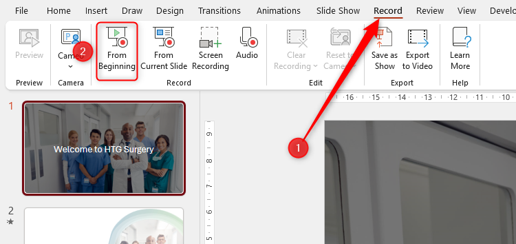 The option in PowerPoint to record the presentation, accessed through the Record tab on the ribbon.