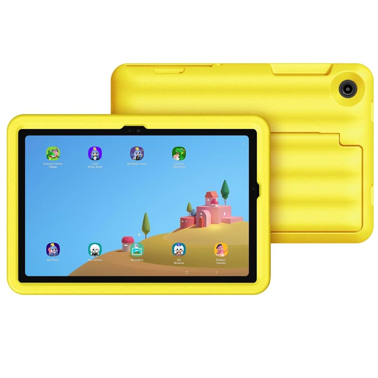 A Samsung Tab A9+ Kids Edition in yellow on a white background