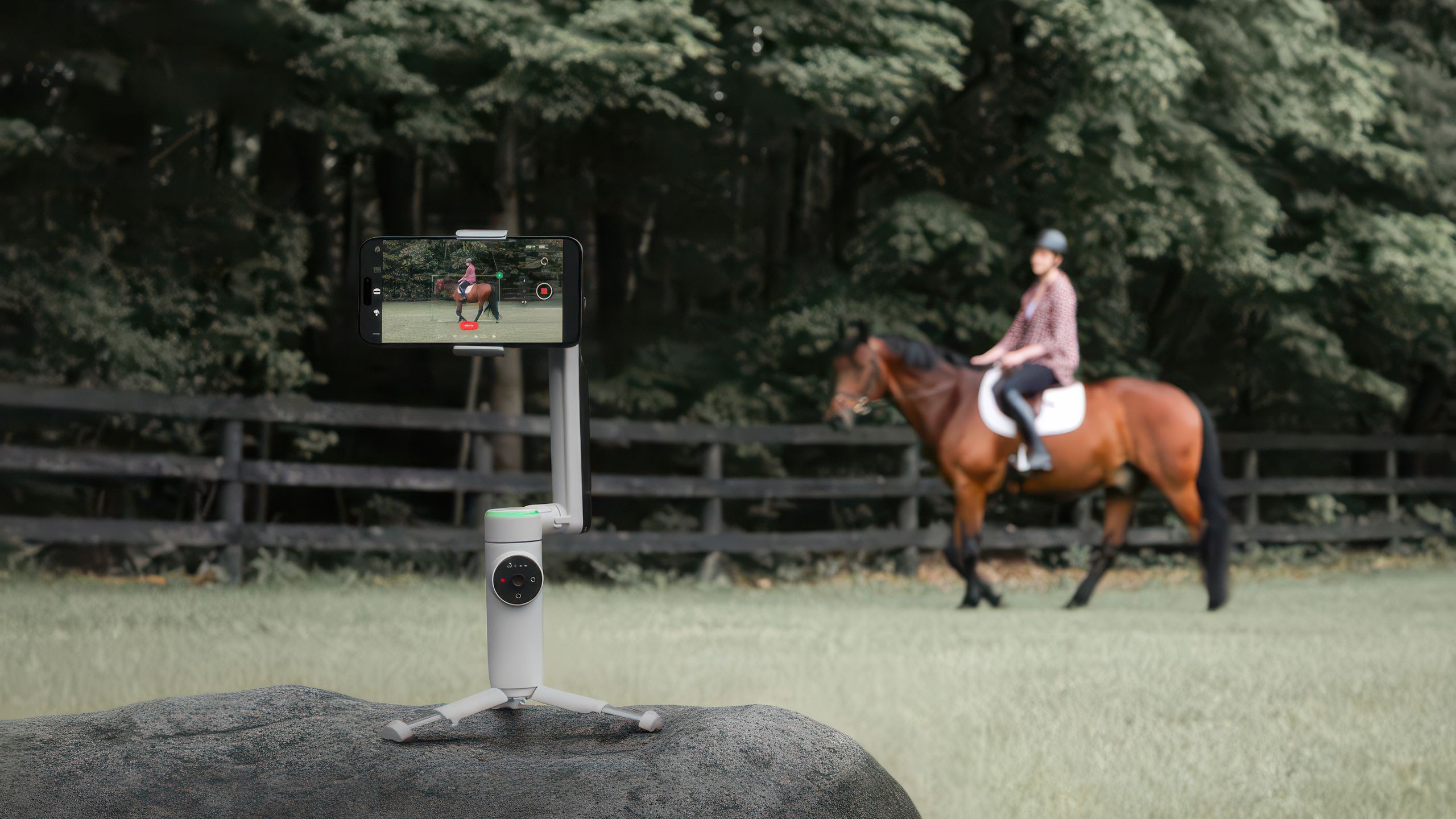 The Insta360 Flow Pro with an iPhone sits on a rock with a person on a horse in the background.