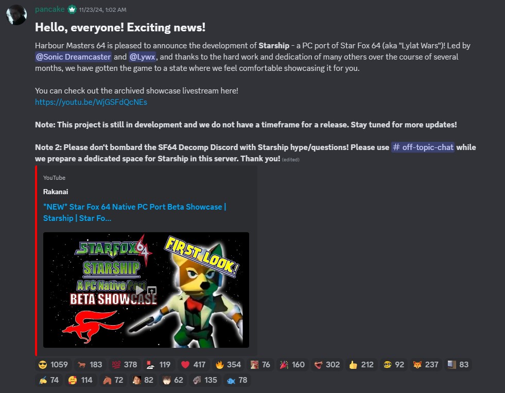 Star Fox 64 native port discord announcement