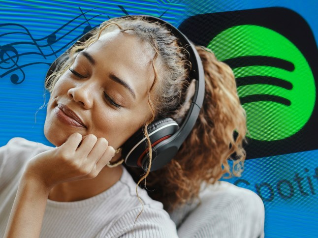 A girl listening to music on headphones next to the Spotify logo