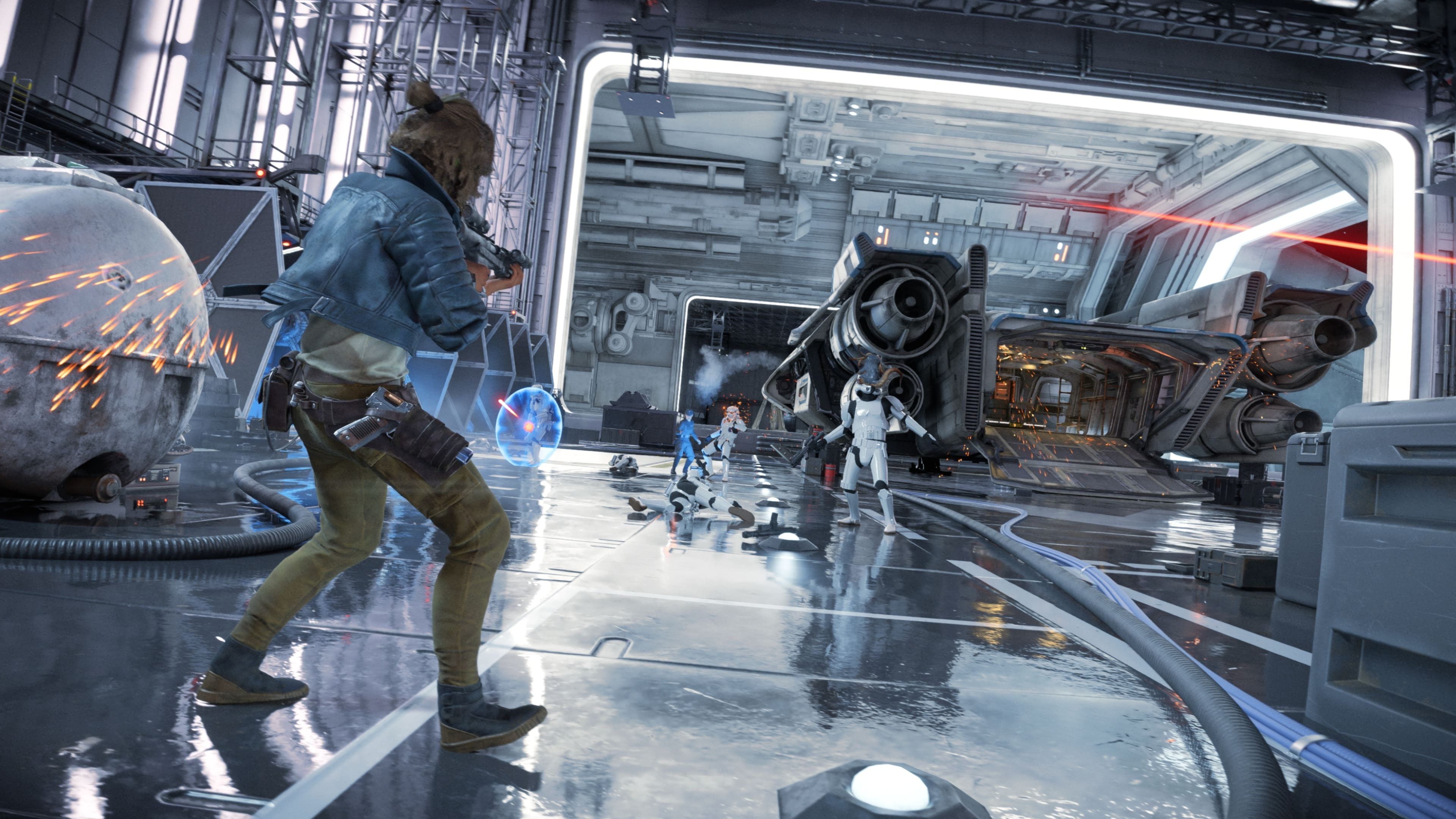 A screenshot of Kay and Nix fighting stormtroopers in Star Wars Outlaws