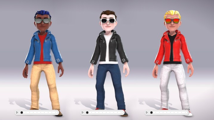 Three Xbox avatars standing side by side. They're in a blue jacket, black jacket, and red jacket, respectively.